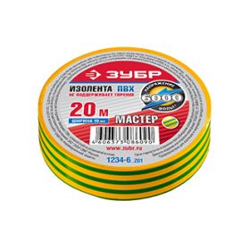Изолента желто-зеленая, ПВХ, не поддерживающая горение, 6000 В, 19мм*20м, "МАСТЕР", ЗУБР