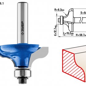 Фреза кромочная калевочная No8, D= 38,1мм, рабочая длина-15,2мм,радиус-6,3мм, хв.-8мм, d-12,7мм, ЗУБ